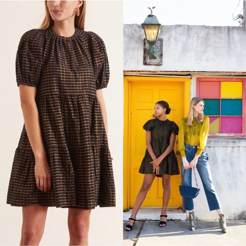 Ulla Johnson Dion Plaid Lurex Metallic Babydoll Mini Dress 12 ASO Sophia Bush